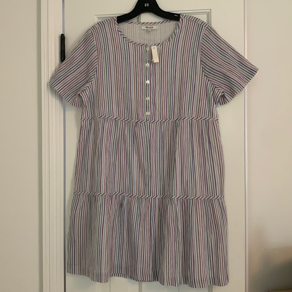 NWT Madewell Striped Crewneck Button-front Tiered Mini Dress